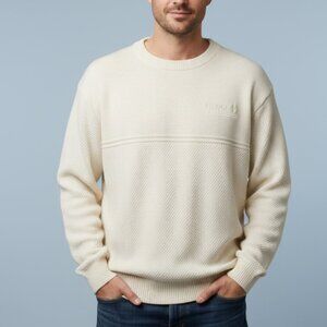 VTG 90s Vantage Custom Sweater Bayer Logo L 100% Cotton Ivory Made in USA CrewNK